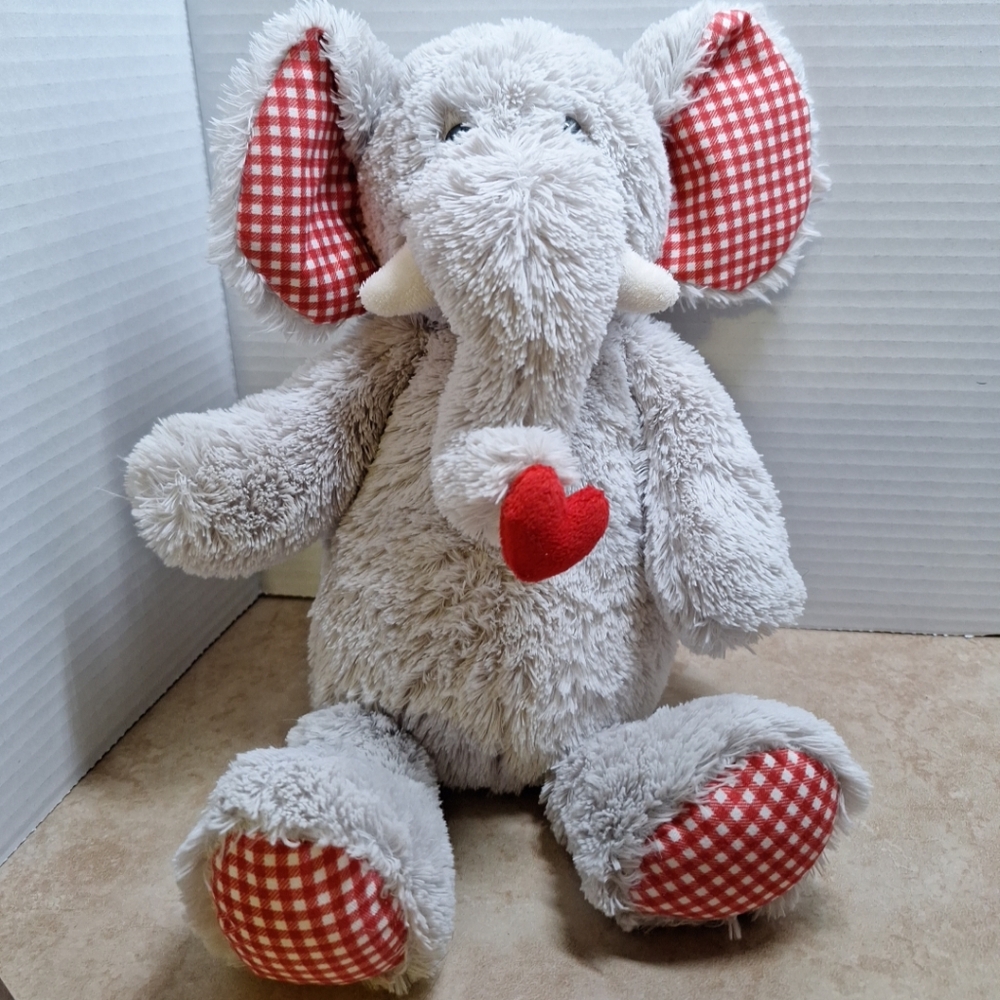 Pier 1 Imports Plush Gray Elephant Valentine Toy Grey Red Gingham Heart Tusk 14"
